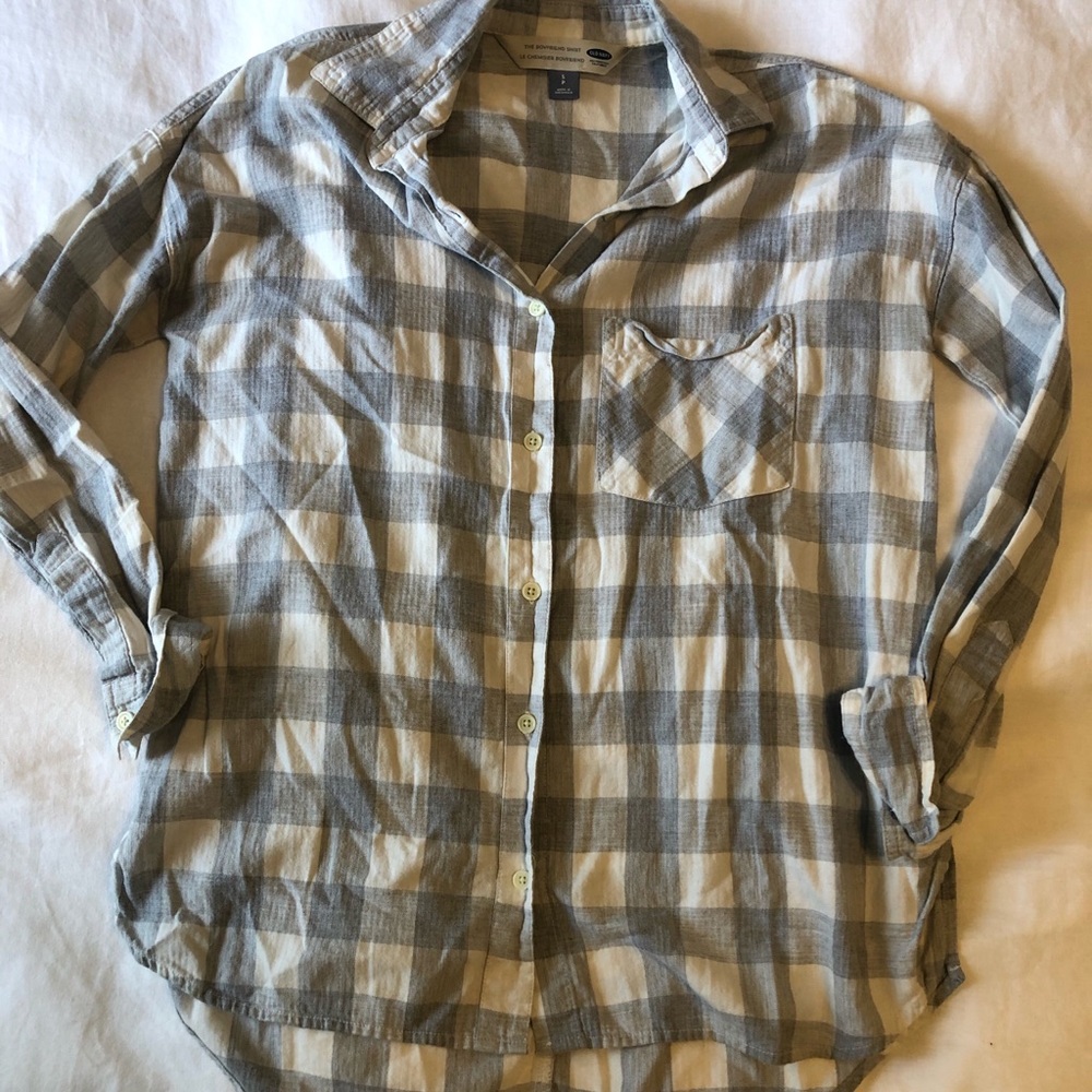 White and Gray Checkered Boyfriend Flannel